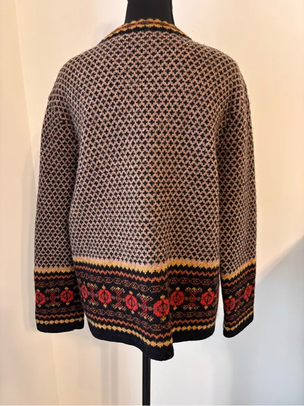 Vintage Skyr 100% Wool Nordic Fair Isle Cardigan Sweater M Clasp Apres Ski Brown - Image 3