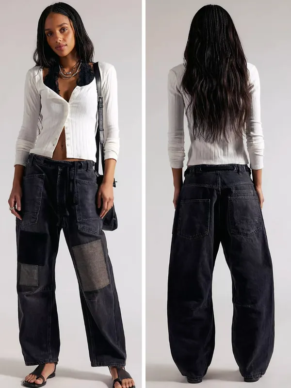 FREE PEOPLE Moxie Pull-On Barrel Jeans in Night Hawk Black Size 30 - Image 2