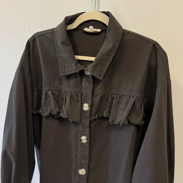 Ee:some Brown Ruffle Raw Hem Denim Jacket Women's Large Grunge Distressed Twill - Image 4