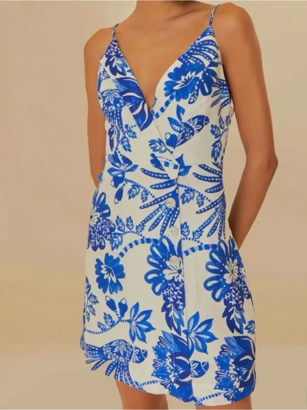 NWT FARM Rio Linen Faux Wrap Floral Birds Dress White Blue Size XS Retail $185 - Image 2