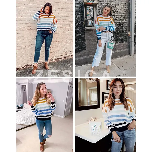 Long Sleeve Striped Color Block Casual Loose Knitted Pullover Sweater Top Medium - Image 6