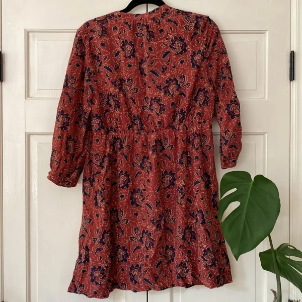 Madewell Size Large 100% Silk Assam Floral Babydoll Dress LaceUp Fall Rust Print - Image 11