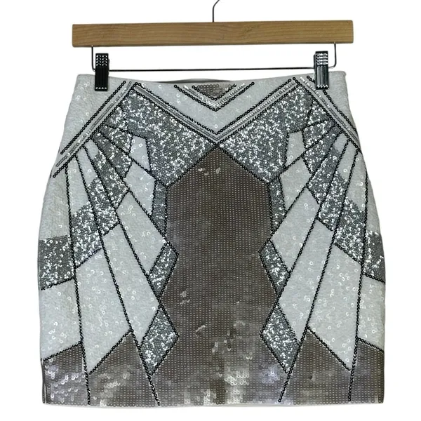 NWT Express Sequin Mini Skirt Womens XS White Silver Geometric High Rise NYE - Image 2