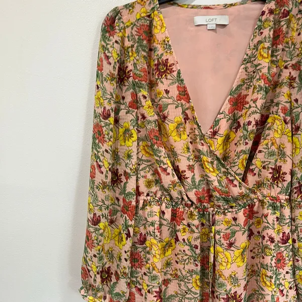 Loft Long Sleeve Floral Wrap Mini Dress Pink Fall Wedding Guest‎ XS - Image 4
