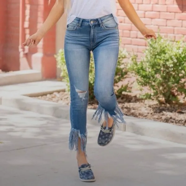 KanCan Leslie Fringe Hem Distressed Mid Rise Skinny Jeans - Image 2