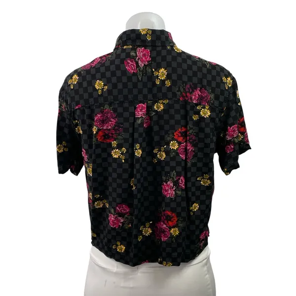 Vans Black Check Gingham Floral Short Sleeve Cropped Button Down Shirt Top Sz M - Image 3