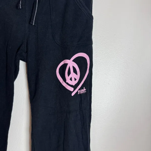 Pink Victoria's Secret Y2K Peace Heart Waffle Knit Lounge Pants Black Small - Image 2