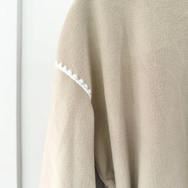 Vici Beige Fleece Scallop White Whipstitch Belted Cardigan Jacket Wrap Large - Image 11