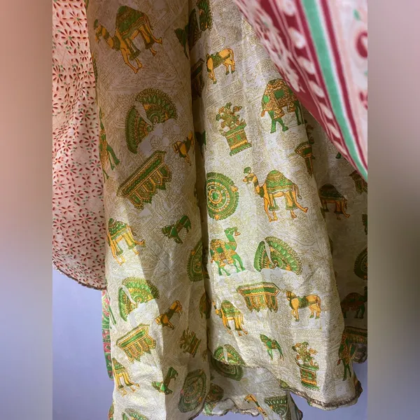 Silk Bohemian Boho Cream Silk Wrap Sari Fabric Indian A-Line Skirt S - Image 6