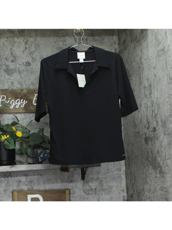 NWT Calvin Klein Womens Crepe Jersey Polo Shirt Knit 44C221G Black L - Image 4