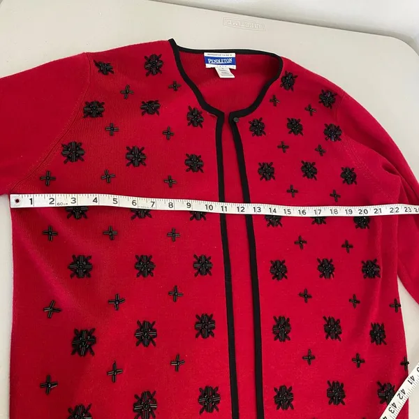 Vintage Pendleton Red Black Beaded Wool Blend Cardigan Holiday Sweater Small - Image 5