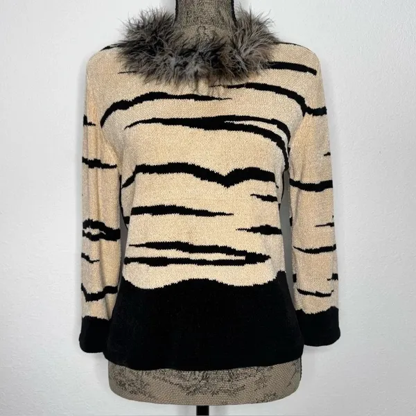 Elizabeth New York Tan Black Fuzzy Collar Rare Vintage Sweater Top Small - Image 2