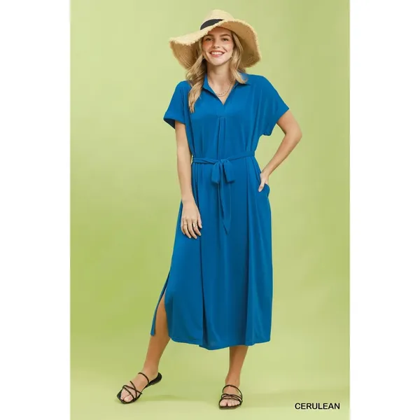 Umgee Collared Belted Midi‎ Dress - Cerulean - Small - Image 2