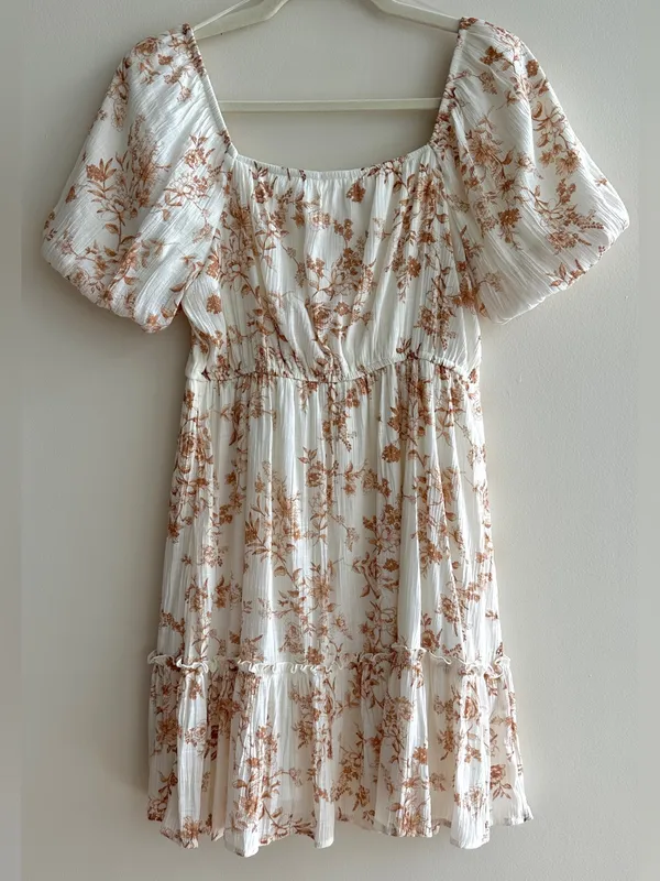 Blu Pepper Floral Puff Sleeve Mini Dress, White/Brown, Size Medium - Image 11