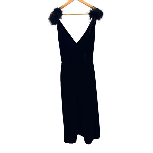 A Loves A Black Velvet V-Neck Midi Dress Feather Shoulder‎ Trim S Glam No Belt - Image 2
