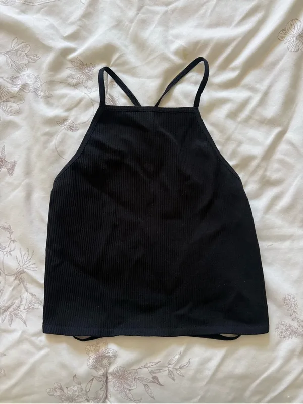 Free People Intimately | Black Ribbed Halter Crop Open Back Tank Top | XS-S - Image 2