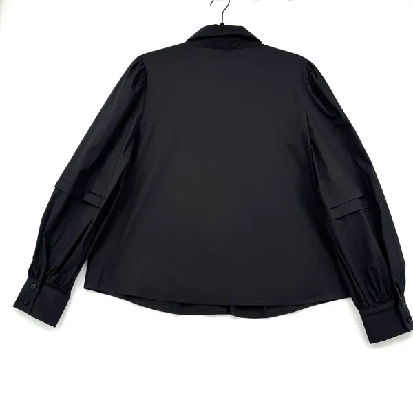 Marc New York Andrew Marc Black Button Front Blouse Puff Pleated Sleeve Top L - Image 2