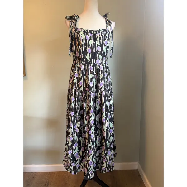 Moon River Purple floral Tiered Midi Dress Black Tie Strap Large boho whimsi re - Image 2
