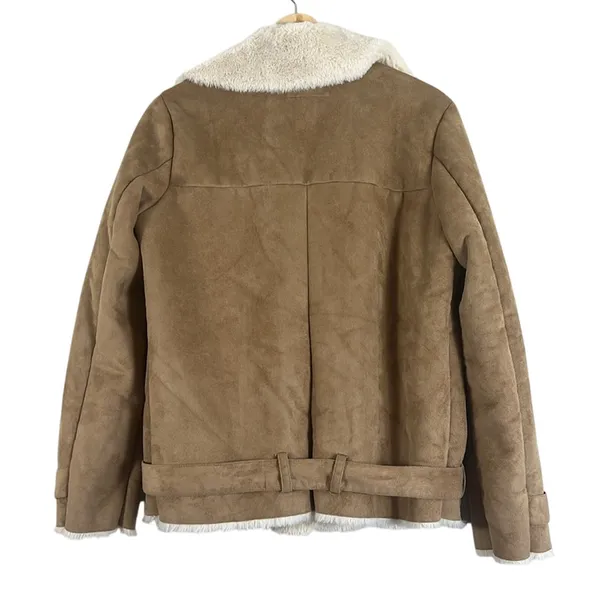 Forever 21 Womens Faux Suede Aviator Jacket Brown Belted Moto Vegan Biker Size M - Image 5