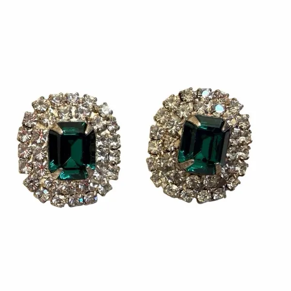 Vintage Emerald Cut Green Rhinestone Halo Stud Earrings - Image 2