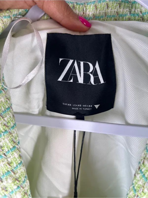 ZARA NWT Green Tweed Cropped Blazer Pearl Buttons Size XS - Image 3