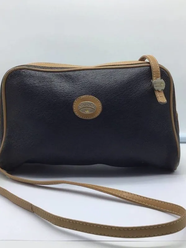Vintage Gucci Plus Black Coated Leather Crossbody Bag 22" Strap - Image 2