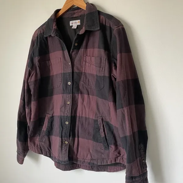 Carhartt Fleece Lined Flannel Button Up Black Maroon Long Sleeve Women's Large - Image 5