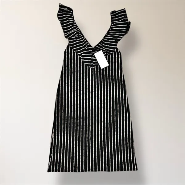 Zara Black Tan Striped Ruffle V‎ Neck Midi Dress Open Back Cottagecore Boho NWT - Image 6