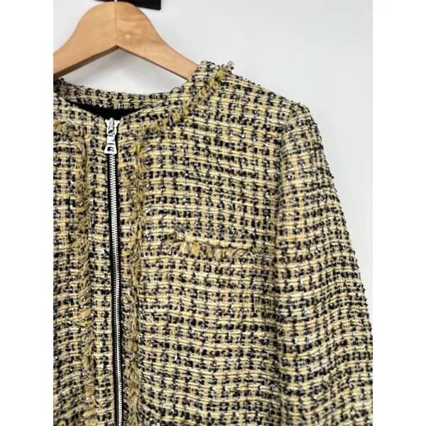 Ann Taylor Tweed‎ Jacket Bomber Zip Blazer Size 8 Fringe Career Yellow Metallic - Image 3