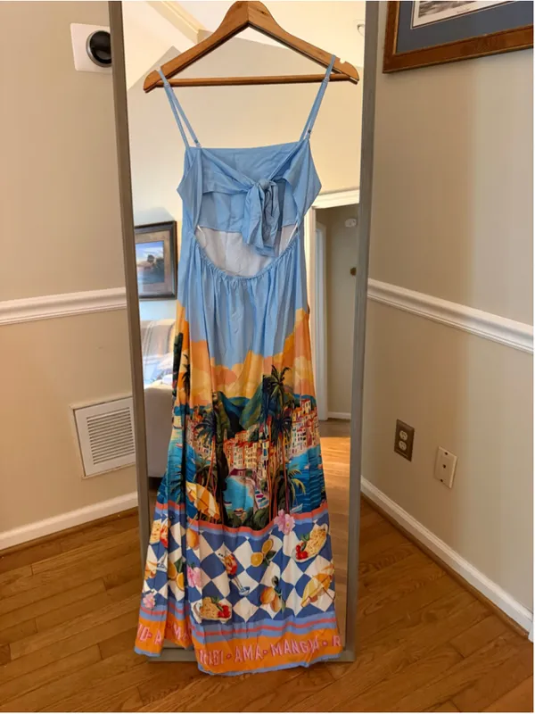 Women's Paper Heart Maxi Dress XS Blue Orange Coastal Print - Image 3