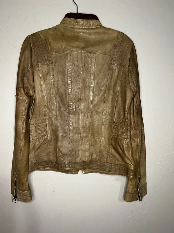 Black Rivet Woman’s Vintage Tan‎ Leather Elbow Patches Zipper Wrists Jacket - Image 10