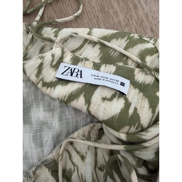 Zara Womens Green Ikat Print Lace Up Back Midi Dress Ruched Slit Summer‎ Boho M - Image 4