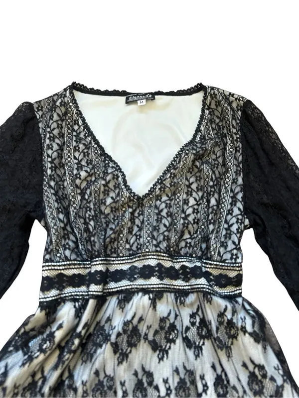 Vintage Black Lace Mesh Babydoll Top Sheer Sleeves Tie Back Y2K Goth Dark Fairy - Image 2