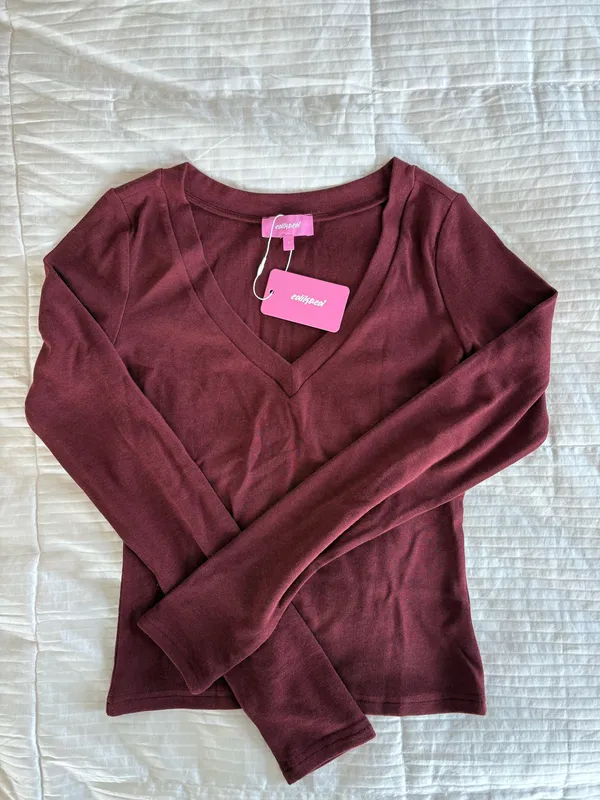 Edikted Burgundy Larna V Neck Long Sleeve - Image 2