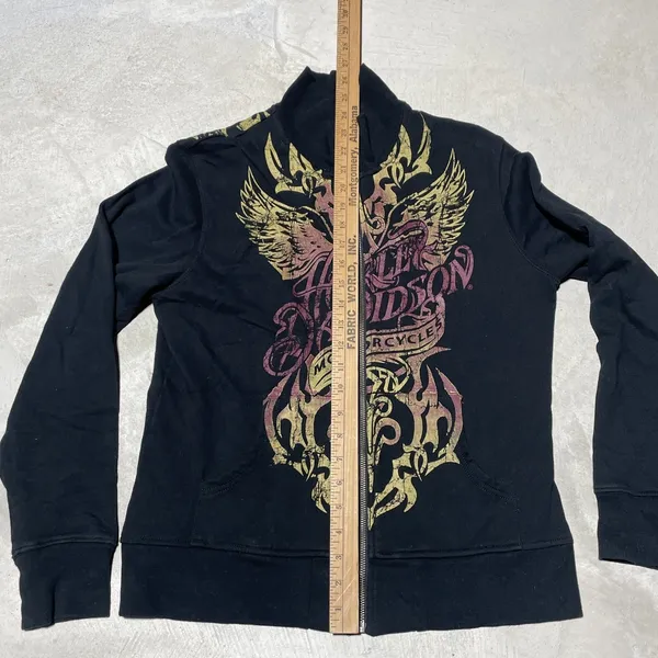 Y2K Harley Davidson Women's SZ L Sweatshirt Black Collar Applique Zip AOP - Image 6