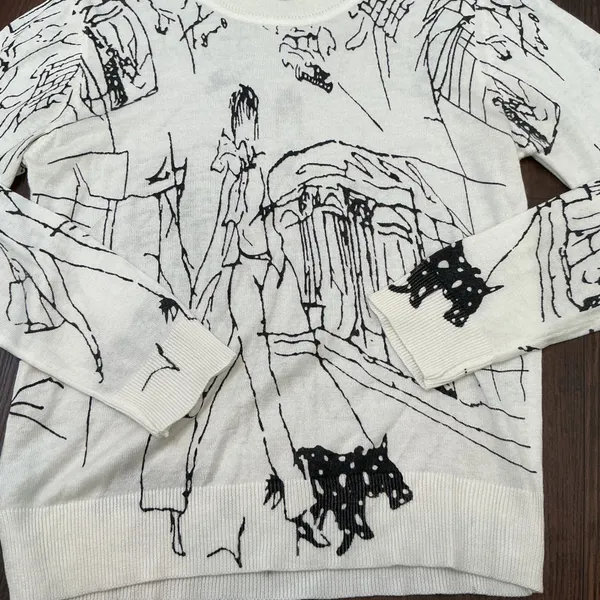 Unbranded Artistic Sketch Print 100% Wool Sweater White Black Dog Art Small S - Image 2