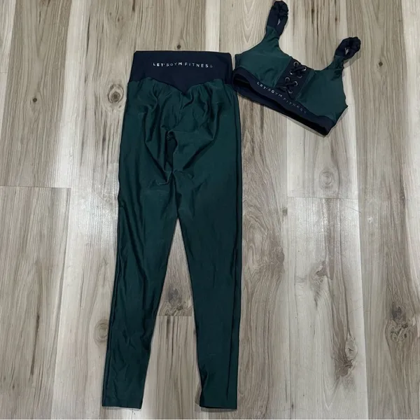 Let’s Gym Fitness Emerald Green Black Lace Up Leggings Sports Bra Women’s Small - Image 2