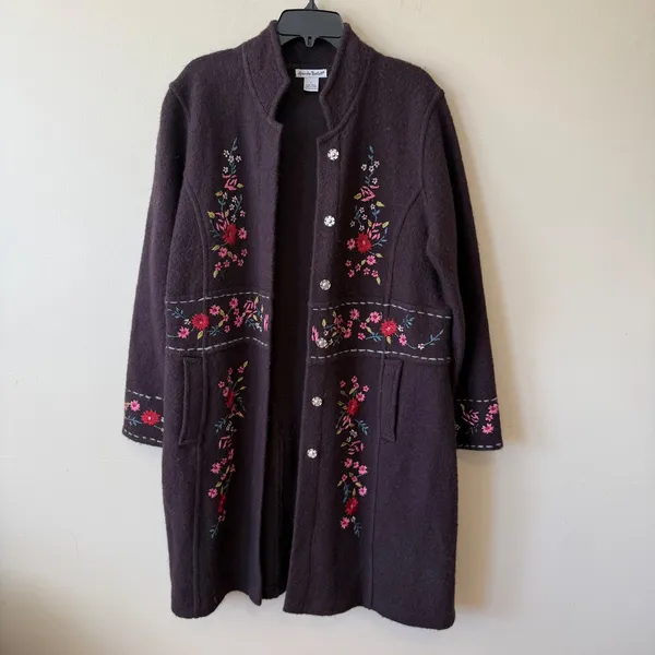 Alexander Bartlett 100% Wool Embroidered Floral Long Coat Women L Boho Brown - Image 5