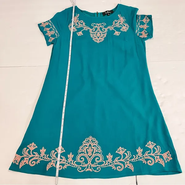 Lulus Tale to Tell Pink and Teal Green‎ Embroidered Shift Dress SMALL - Image 10