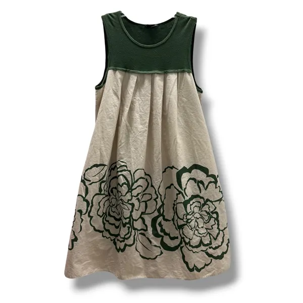Theory Mixed Media Floral Pleated Babydoll Mini Dress Green Cream Womens 4 - Image 4