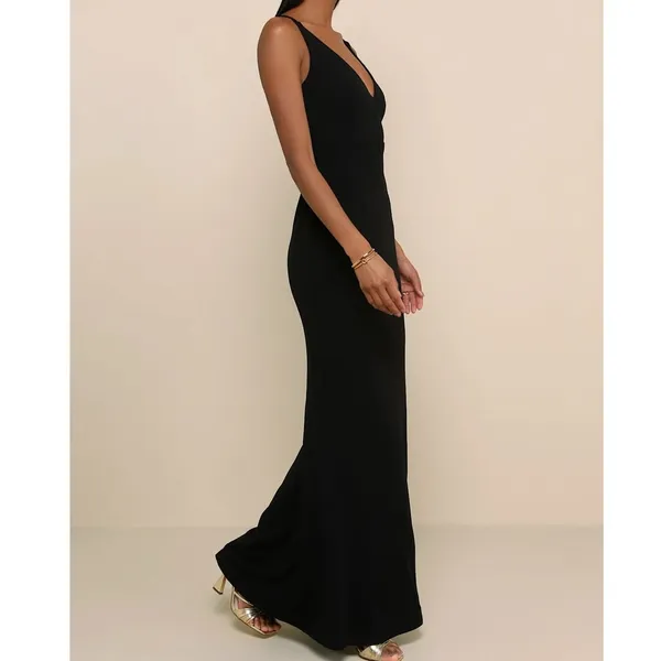 NEW Lulus Melora Black Crepe Bodycon Mermaid Sleeveless Flared Maxi Dress Medium - Image 3