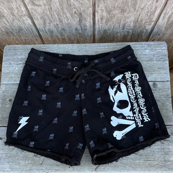 Beautiful Disaster RETIRED Raw Hem Skull Design Black Sweat Shorts Size S - Image 5