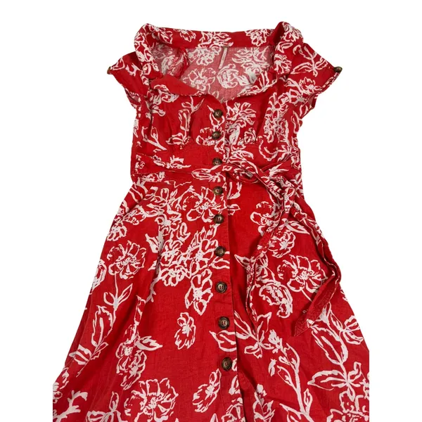 Free People A Thing Called Love Mini Dress Red White Floral Linen Blend Size 4 - Image 3