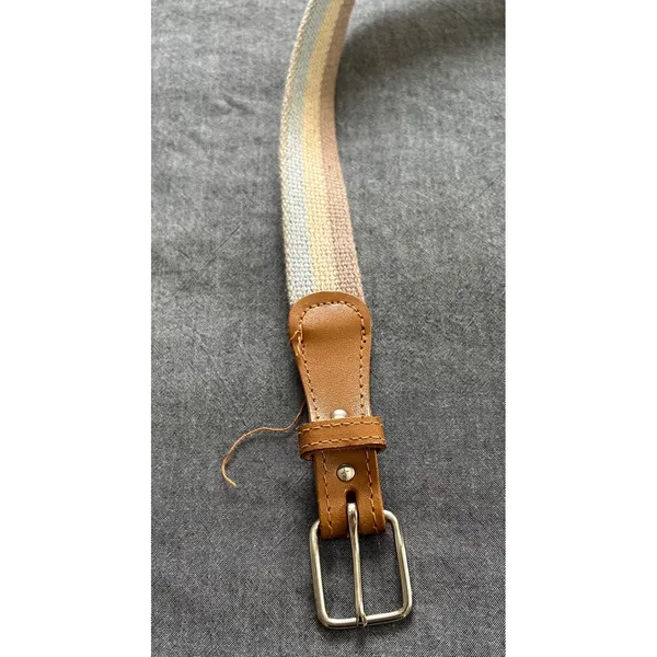 Vintage Striped Woven Belt Brown Faux Leather Trim Silver Buckle Size 34 - Image 2