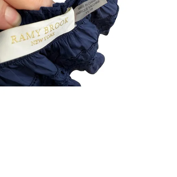 Ramy Brook Floral Eyelet Smocked Tiered Ruffle Mini Skirt Navy Blue Size XS - Image 5