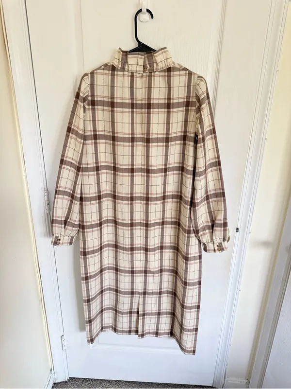 Sézane Plaid Ruffle Neck Long Sleeve Dress in Cream and Brown - Image 6
