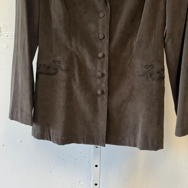 Dressbarn Olive Green Faux Suede Embroidered Blazer Jacket Size 12 Vintage Style - Image 5