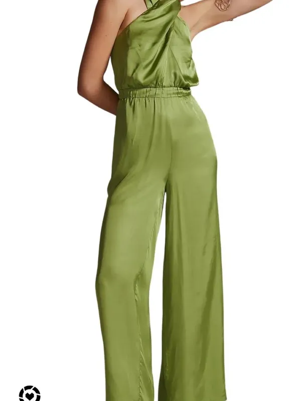 Women’s Anthropologie/DOLAN Green Satin Halter Jumpsuit Size: S - Image 2
