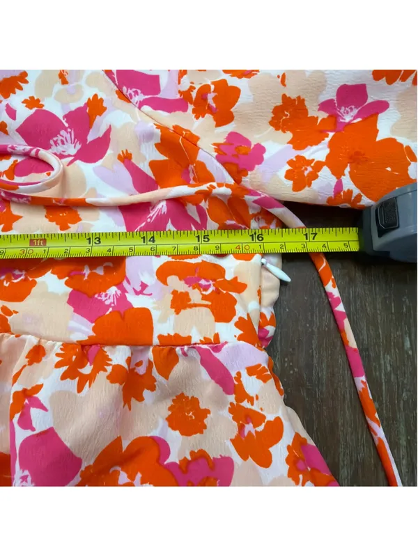 LUCY PARIS Pink & Orange Floral Puff Sleeve Toulouse Tie Babydoll Mini Dress S - Image 9