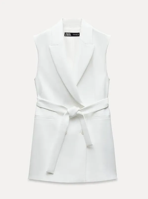 white vest double breasted sleeveless blazer jacket with waist tie - Image 8